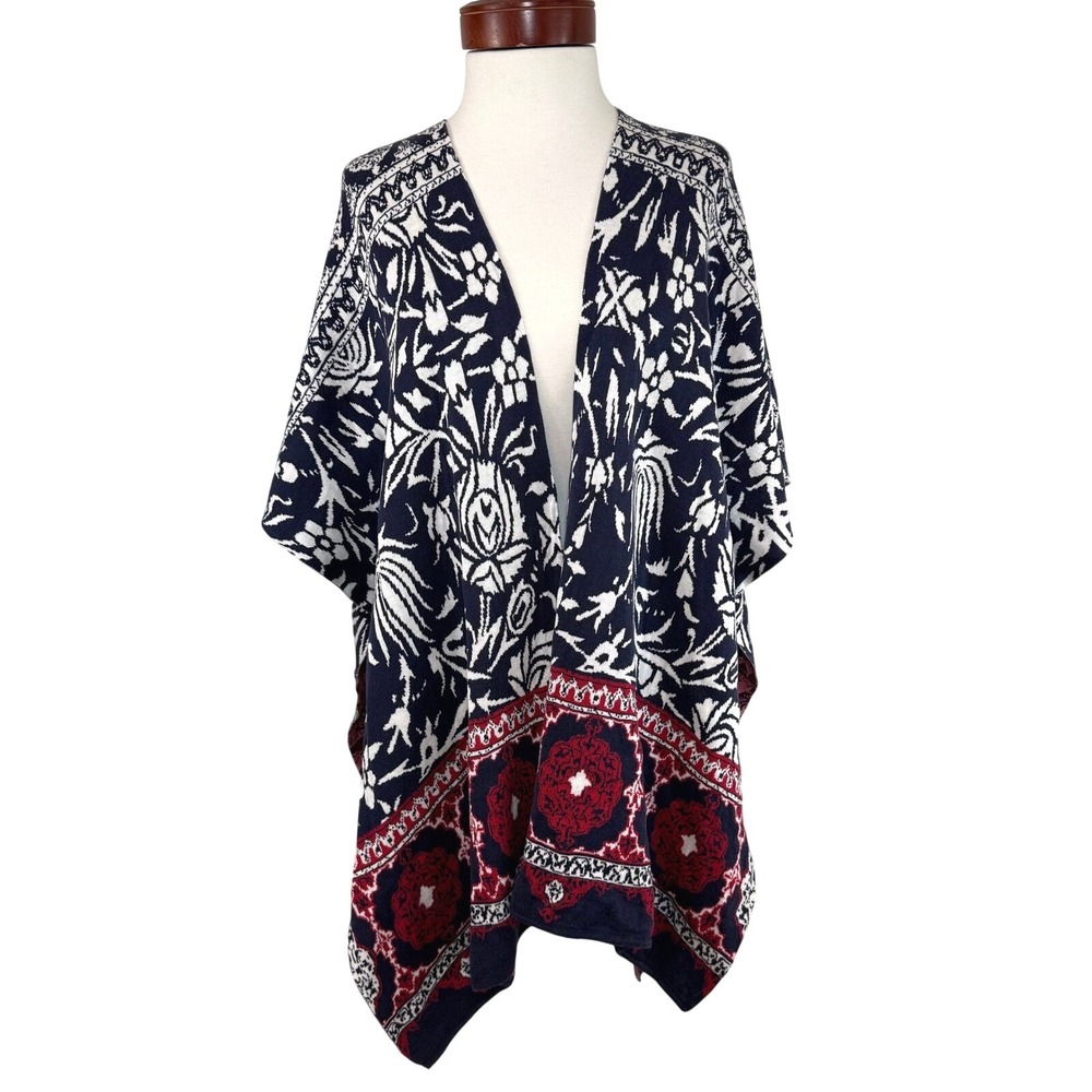 Chicos Silk Blend Floral  Open Front Cardigan Kimono Boho Draped Ruana One Size